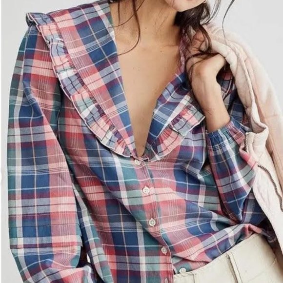 Free People Tops - FREE PEOPLE Molly Ruffle  plaid Top Sz S NEW